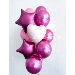 Фонтан 12 шаров "Сатин фуксия звёзды"