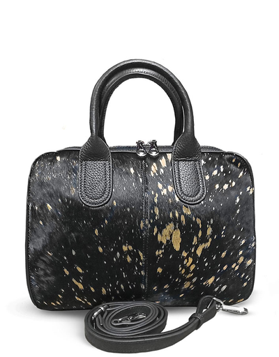 (АРТИКУЛ: 9748) СУМКА ЖЕНСКАЯ СРЕДНЕГО РАЗМЕРА, НАТУРАЛЬНАЯ КОЖА, КОМБИНИРОВАННАЯ, ЧЕРНАЯ/ ЧЕРНЫЙ МЕХ С ЗОЛОТИСТЫМ РИСУНКОМ,  С ПЛЕЧЕВЫМ РЕМНЕМ