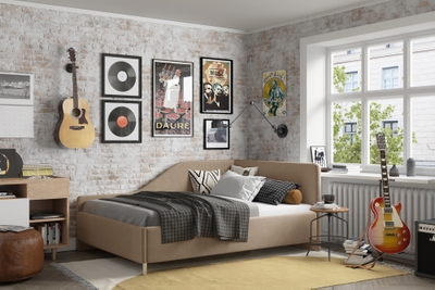 Угловая кровать, тахта, софа, подростковая MyCloud Муза, с подъемным механизмом, бельевым ящиком, боковой спинкой, ножки под робот пылесос