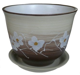 Бежевый с коричневым стильный керамический горшок для комнатных цветов диаметр 13 см с рисунком