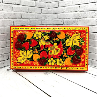 Шкатулка для денег Птица с клубникой красная 180х100 мм деревянная с росписью Хохлома