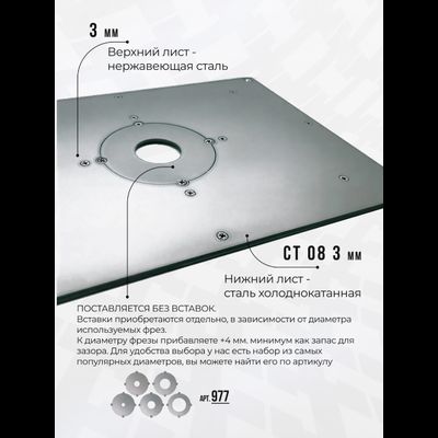 Пластина под Интерскол ФМ-62/2200Э для установки фрезера в стол 350*250 мм.