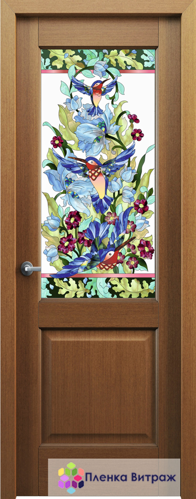 Витражная пленка, витражная пленка самоклеющаяся под заказ,пленочный витраж флора с птицами колибри