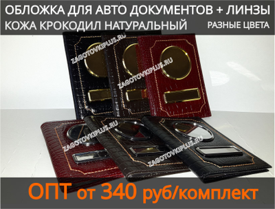 Обложка чёрная из натуральной кожи крокодила для авто документов с линзами (золотые вставки)