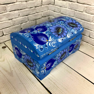 Деревянная шкатулка сундучок Голубая 120*80 мм для украшений с росписью Хохлома