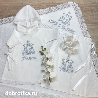 Крестильное полотенце (крыжма) 100х100 см. "Процветший крест", с капюшоном или без, широкое кружево по всем сторонам, можно вышить любое имя