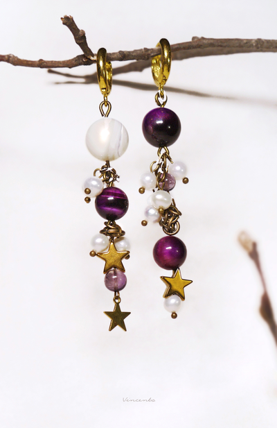 "Звёздные маячки", асимметричные серьги с жемчугом, тигровым глазом и флюоритом