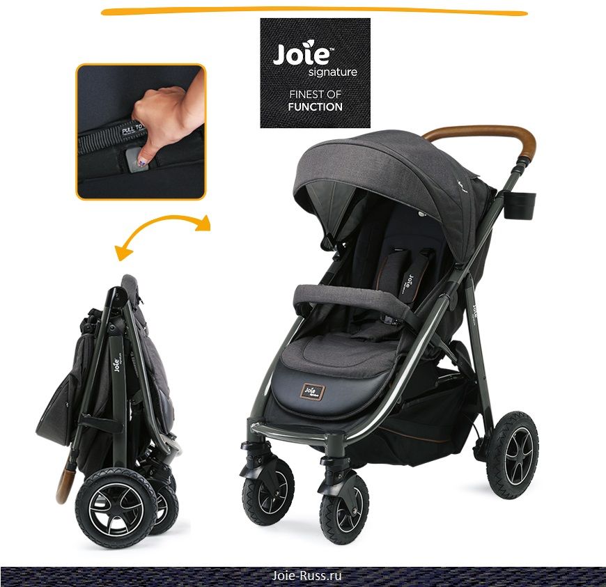 Коляска Joie mytrax™ flex signature складывается одной рукой и может стоять в сложенном состоянии 