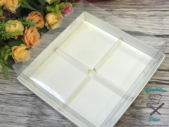 Коробка под муссовые пирожные с пластиковой крышкой (4 шт) 190*190*80, белая