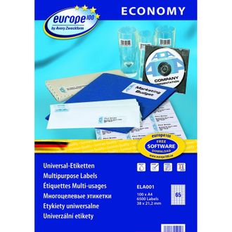 Этикетки самоклеящиеся Europe, ELA001, 38х21,2мм/65шт на листеА4 100 листов в упаковке