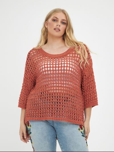 Джемпер-сетка вязанный с рукавом 3/4, цвет- мокко, терракот