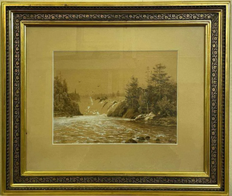 Казанцев Владимир Гаврилович (1849-1902)  Ласточки над водопадом 1880-е-1890-е гг. Бум., гр.кар., сепия, белила 25,5Х34,2 (в свету) (1229)