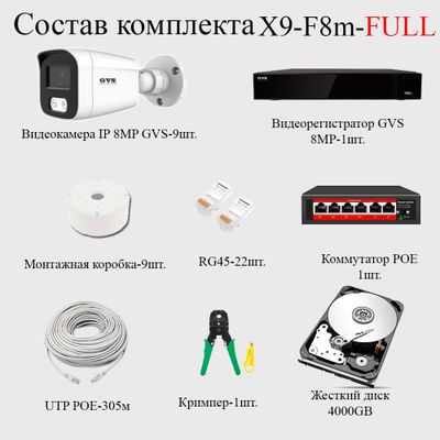 GVS комплект видеонаблюдения GVS-X9-V8m-full, 8MP, расширение 3840x2160