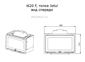 Размеры топки Jotul i620 F, высота, ширина, вид спереди