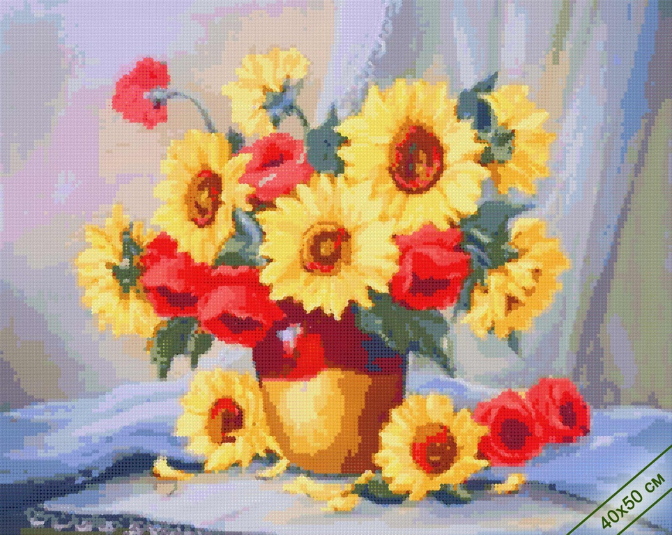Цветы - Алмазная картина (мозаика) "Подсолнухи и маки" А. Булгару 30*40 ...