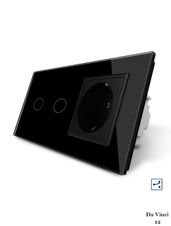 Двухклавишный проходной сенсорный выключатель livolo с розеткой чёрного цвета