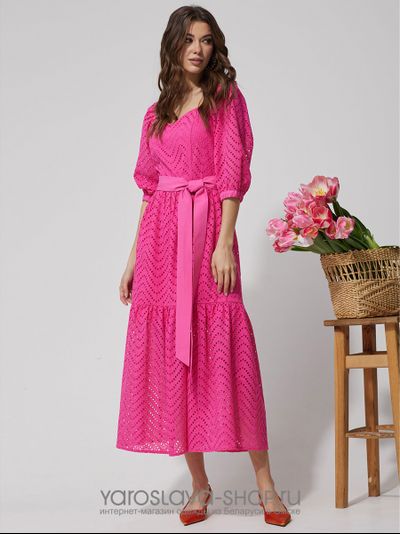 Нарядное платье с воланом из хлопка, ткань-шитьё малинового цвета