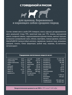 AlphaPet (АльфаПет) Superpremium сухой корм для щенков, беременных и кормящих собак средних пород с говядиной и рисом, 900 г