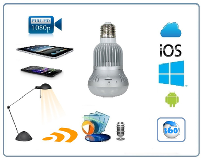 Панорамная WiFi видеоняня/видеокамера (лампа накаливания, цоколь Е27) с DVR с включением освещения, Full HD