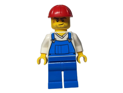 Overalls Blue over V-Neck Shirt, Blue Legs, Red Construction Helmet, Crooked Smile and Scar, n/a (cty0555)