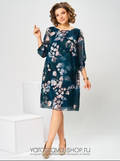 Модель:1-2792.Женское платье прямого силуэта в синем цвете с цветочным принтом
