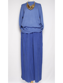 Брюки вельветовые"Палаццо защипы пояс" синие до 54