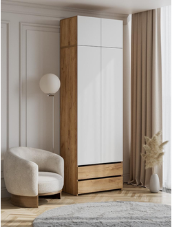 Абрау Шкаф двухстворчатый с ящиками и антресолью Дуб золотой/Белый