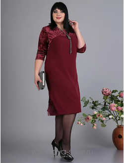 Модель: 3643. Платье бордовое из сочетания бархата, плательной ткани и сетки .