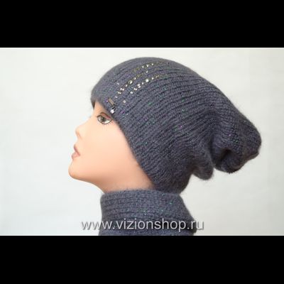Шапка серая с зеленым из альпака и мохера Vizio Италия 36168 зима 2019