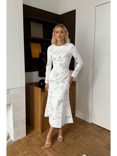 Платье миди с длинным рукавом и юбкой «годе» (молочный в цветок)