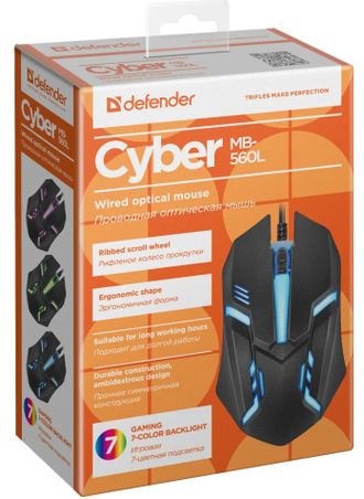Мышь Defender Сyber MB-560L, игровая, черная, проводная оптическая, 1200dpi, подсветка, USB