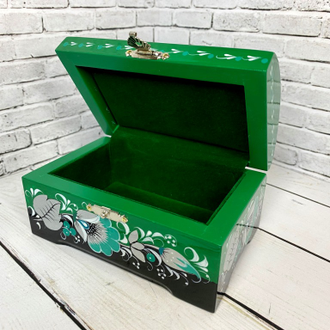 Деревянная шкатулка сундучок Серебристо-зеленая 120*80 мм для украшений с росписью Хохлома