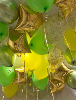 Шары салатовый, жёлтый, хром лайм, с конфетти и золотые звёзды звёзды 22 шт под потолок