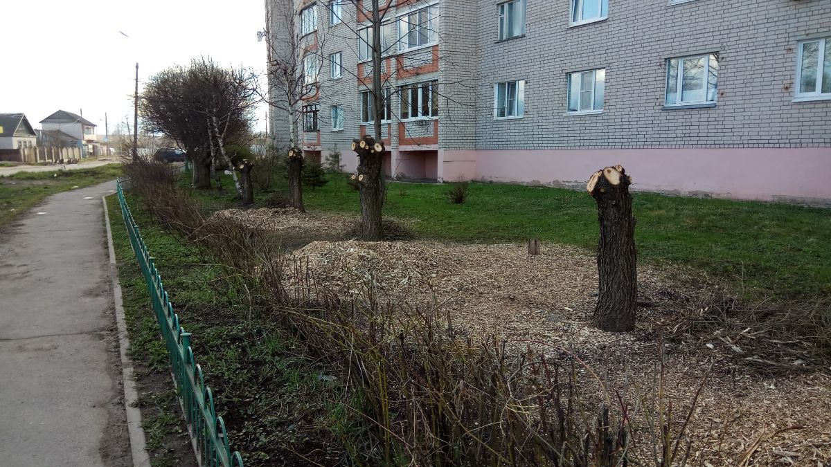 Измельчение веток на ул. Хутынской в Великом Новгороде