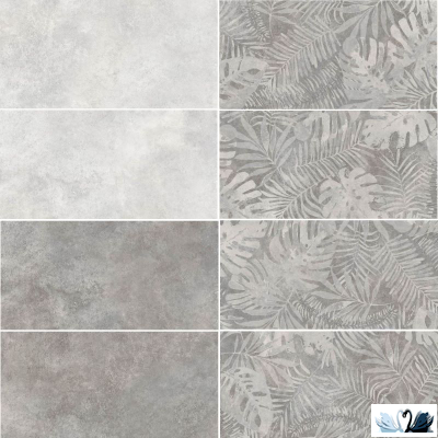 Плитка Belani Cornion светло-серый 30х60 см. Вариант укладки плитки с темным фоном и декором Тропик