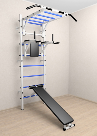 Шведская стенка в квартиру с турником рукоходом , брусьями и скамьей для пресса. С креплением к стене  "Рукоход"