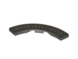 Tile, Round Corner 4 x 4 Macaroni Wide with 'HOGWARTS CASTLE' and Gold Border Pattern, Black (27507pb01 / 6237324)