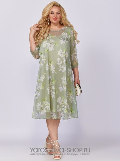 Модель: A-3946.Шифоновое платье А-силуэта нежно-зеленого оттенка