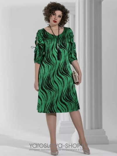 Вечернее платье яркого зеленого цвета с черным принтом "волна"