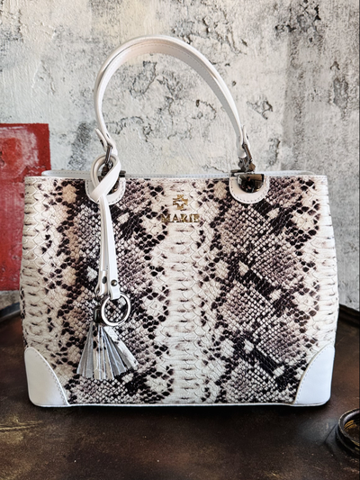 Женская форматная сумка с тиснением питон, из натуральной кожи Vera Pelle , белая-черная. Арт.026809
