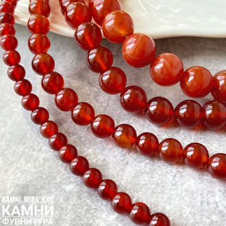 Сердолик шары 6,1-6,3/8,1-8,3/9,9-10,4/11,8-12,2/15,7-16,1 мм, цвет усилен, цена за нить 18 см