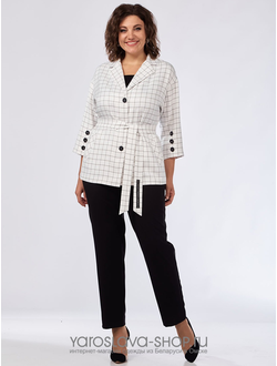 Модель : 2606-2.Брючный костюм: черные классические брюки и белый жакет в клетку.