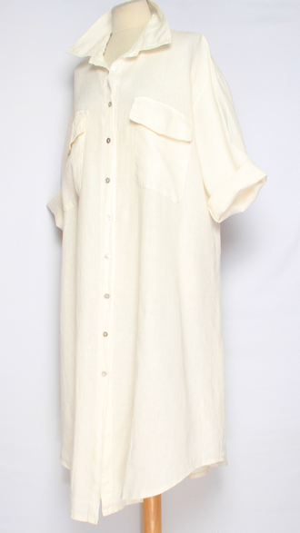 ПЛАТЬЕ РУБАШКА БОХО ЛЬНЯНОЕ "КАРМАНЫ КЛАПАНЫ" белое до р.56