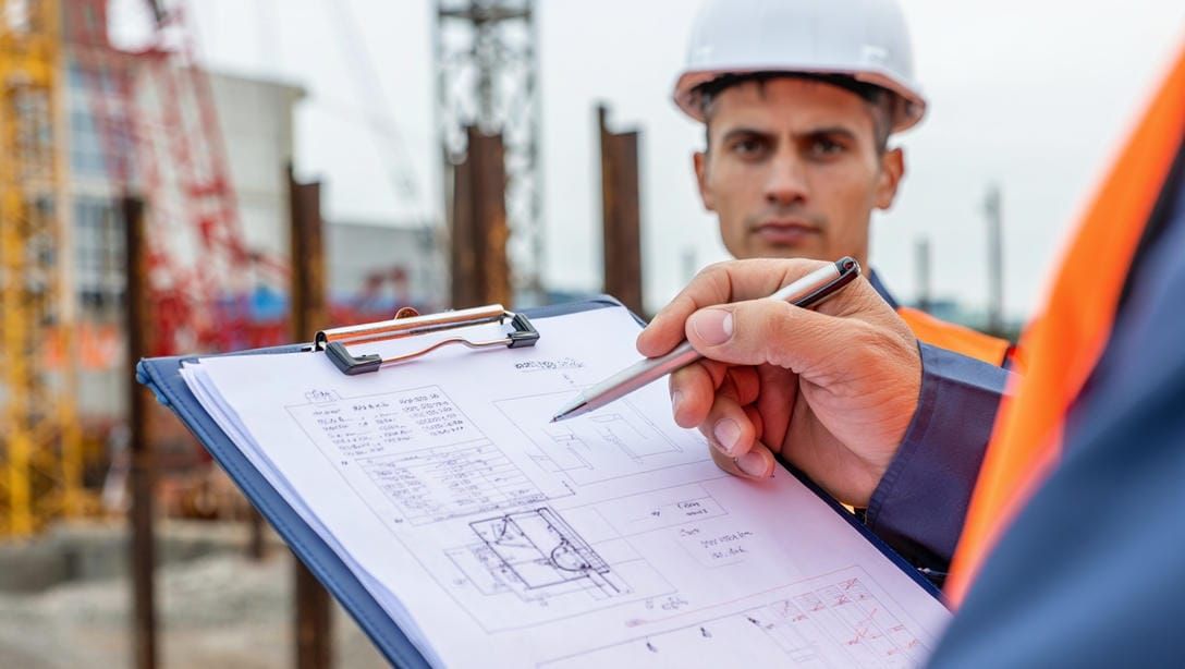 Инженер изучает проектную документацию и смету на демонтаж опор освещения на объекте.