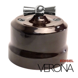 керамический ретро выключатель 2 клавишный коричневый Verona с серебристой ручкой