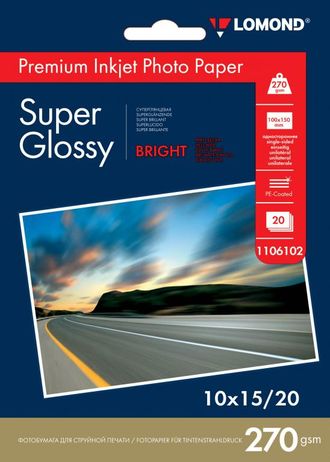 Суперглянцевая ярко-белая (Super Glossy Bright) микропористая фотобумага Lomond для струйной печати, A6, 270 г/м2, 20 листов.