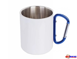 Кружка металлическая БЕЛАЯ с синим карабином, 300мл для сублимации