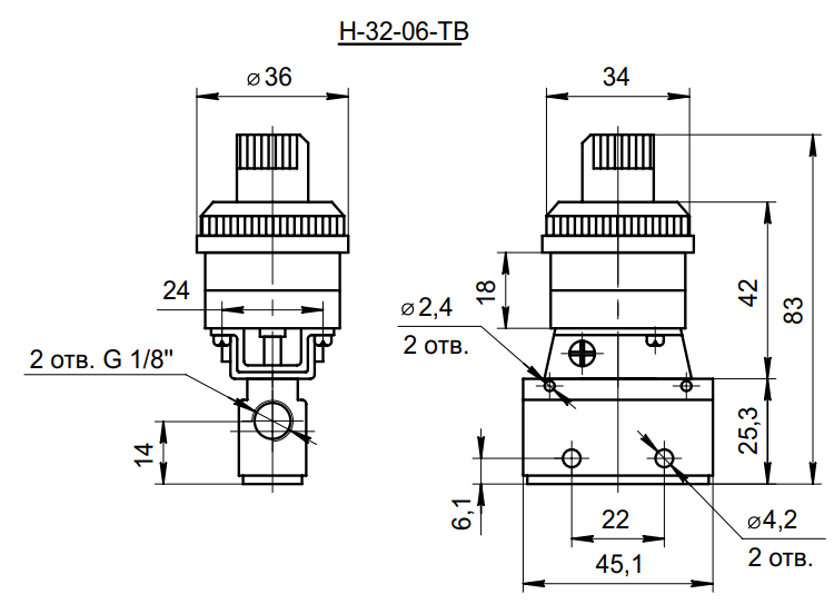 Габаритные и присоединительные размеры 5/2 пневмораспределителя  H-32-06-TB (MOV-01)