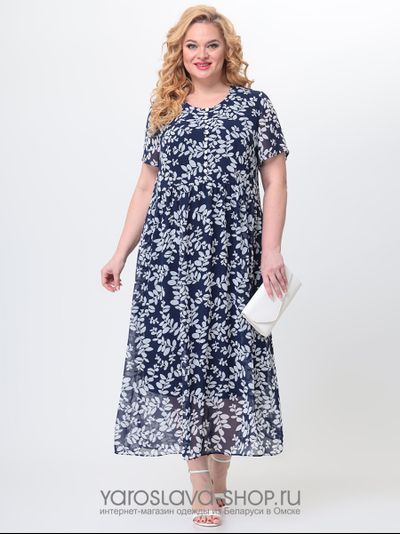 Платье нарядное из шифона с лиственным принтом на синем