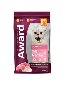 AWARD (Авард) Sterilized, сухой корм для стерилизованных кошек, Индейка, Курица 400 г
